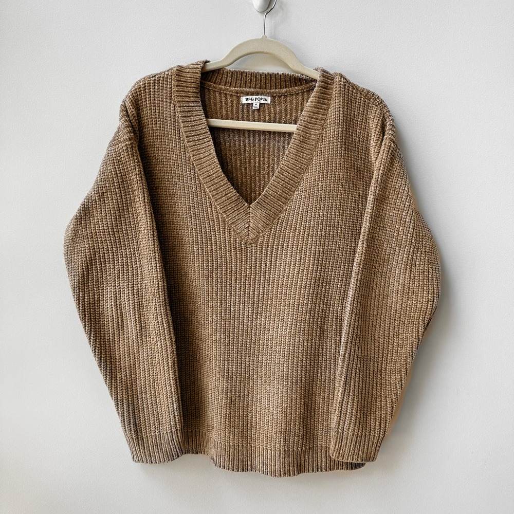 Rag Poets Chenille V-Neck Sweater SZ Medium Tan